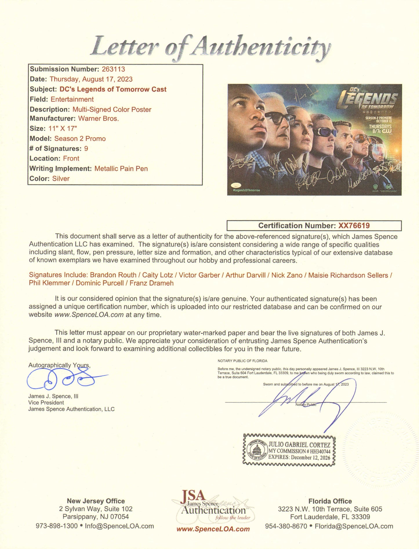 
                  
                    Legends of Tomorrow (JSA) 11x17 Mini Poster Cast Signed by Brandon Routh, Caity Lotz, Victor Garber, Arthur Darvill, Nick Zano, Maisie Richardson Sellers, Phil Klemmer, Dominic Purcell, & Franz Drameh
                  
                