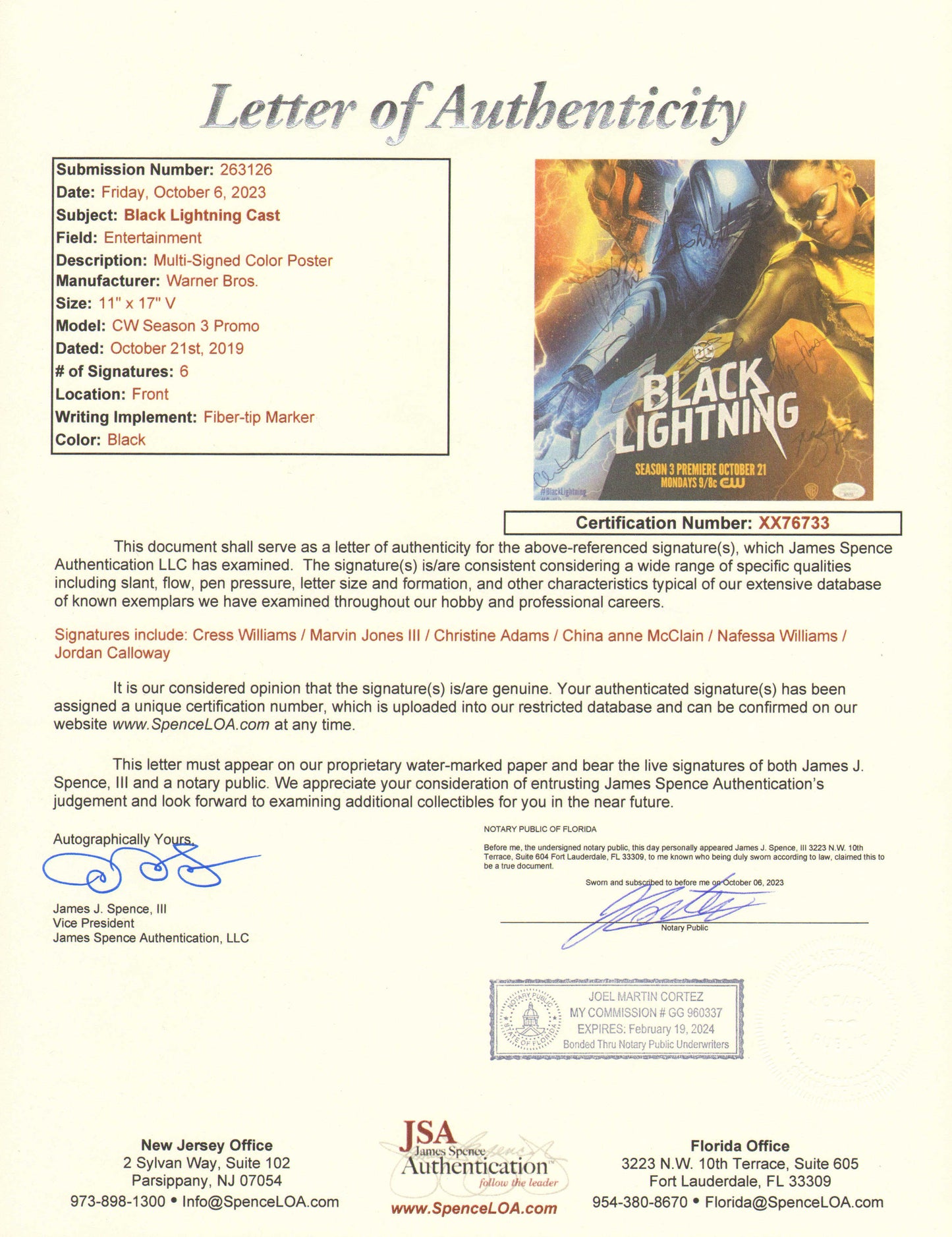 
                  
                    Black Lightning (JSA) 11x17 Mini Poster Cast Signed by Cress Williams, Marvin Jones III, Christine Adams, China Anne McClain, Nafessa Williams, & Jordan Calloway
                  
                