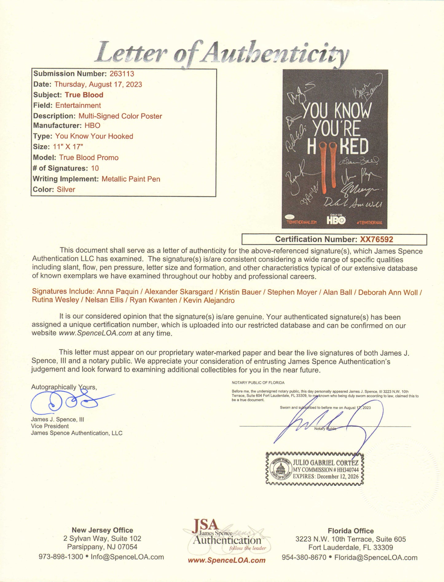 
                  
                    True Blood (JSA) 11x17 Mini Poster Cast Signed by Anna Paquin, Alexander Skarsgard, Kristin Bauer, Stephen Moyer, Alan Ball, Deborah Ann Woll, Rutina Wesley, Nelsan Ellis, Ryan Kwanten, & Kevin Alejandro
                  
                