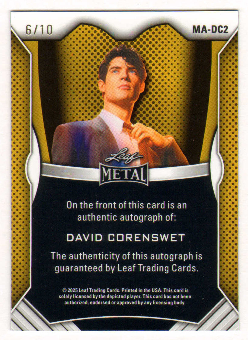 
                  
                    David Corenswet as Clark Kent / Superman in James Gunn's Superman Signed 2025 Leaf Metal Trading Card Limited Edition 6/10
                  
                