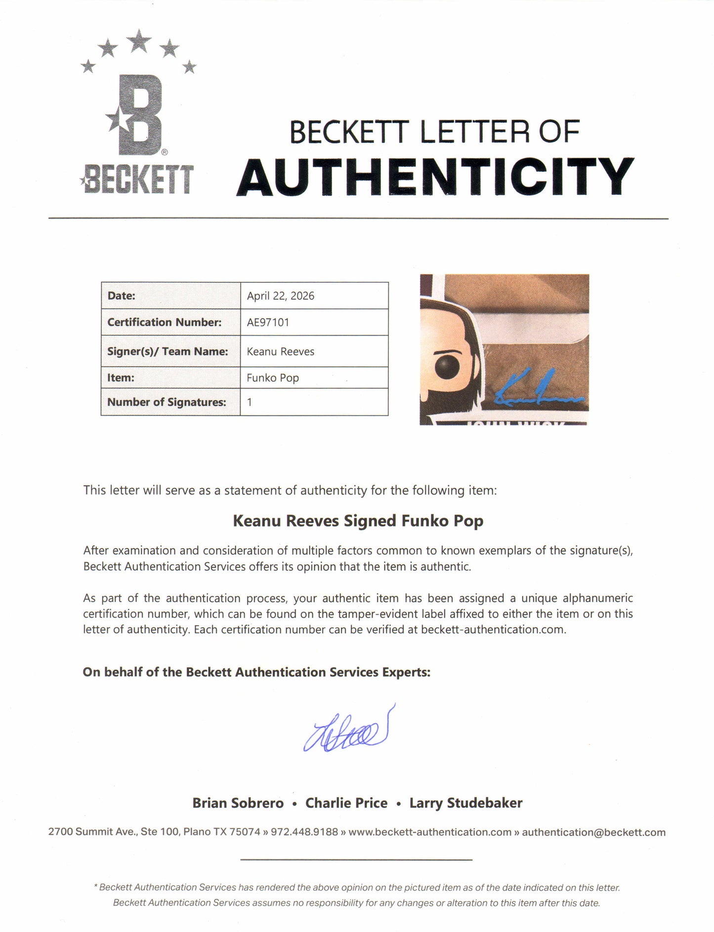
                  
                    Keanu Reeves as John Wick in John Wick: Chapter 2 (Beckett) Signed Funko POP! #387
                  
                