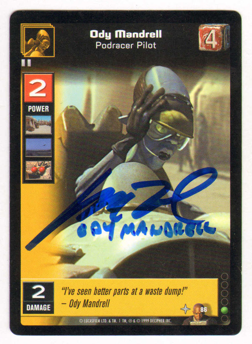 
                  
                    Matthew Wood as Ody Mandrell in Star Wars Episode I: The Phantom Menace Signed Young Jedi Trading Card #4 with Character Name
                  
                