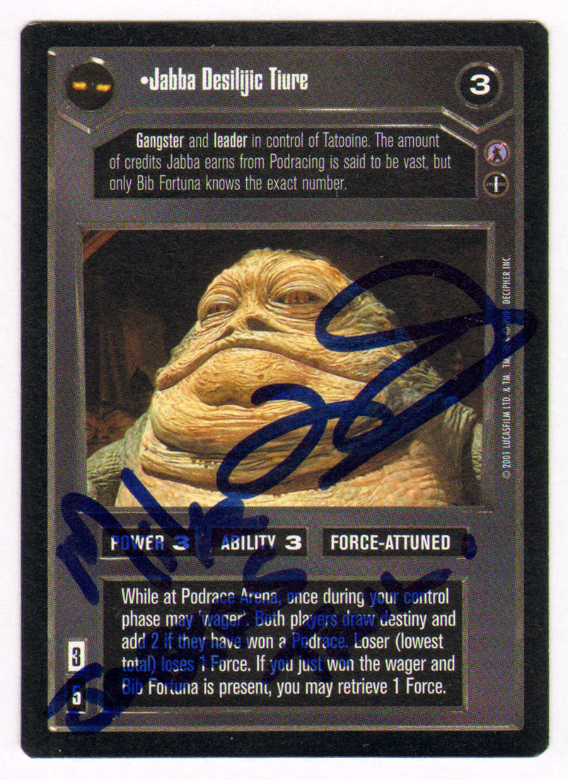 
                  
                    Michael Edmunds as Jabba the Hutt in Star Wars: Return of the Jedi Signed Star Wars Customizable Card Game #3 Trading Card with Character Name
                  
                