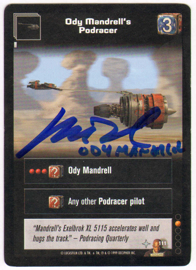 
                  
                    Matthew Wood as Ody Mandrell in Star Wars Episode I: The Phantom Menace Signed Young Jedi Trading Card #3 with Character Name
                  
                