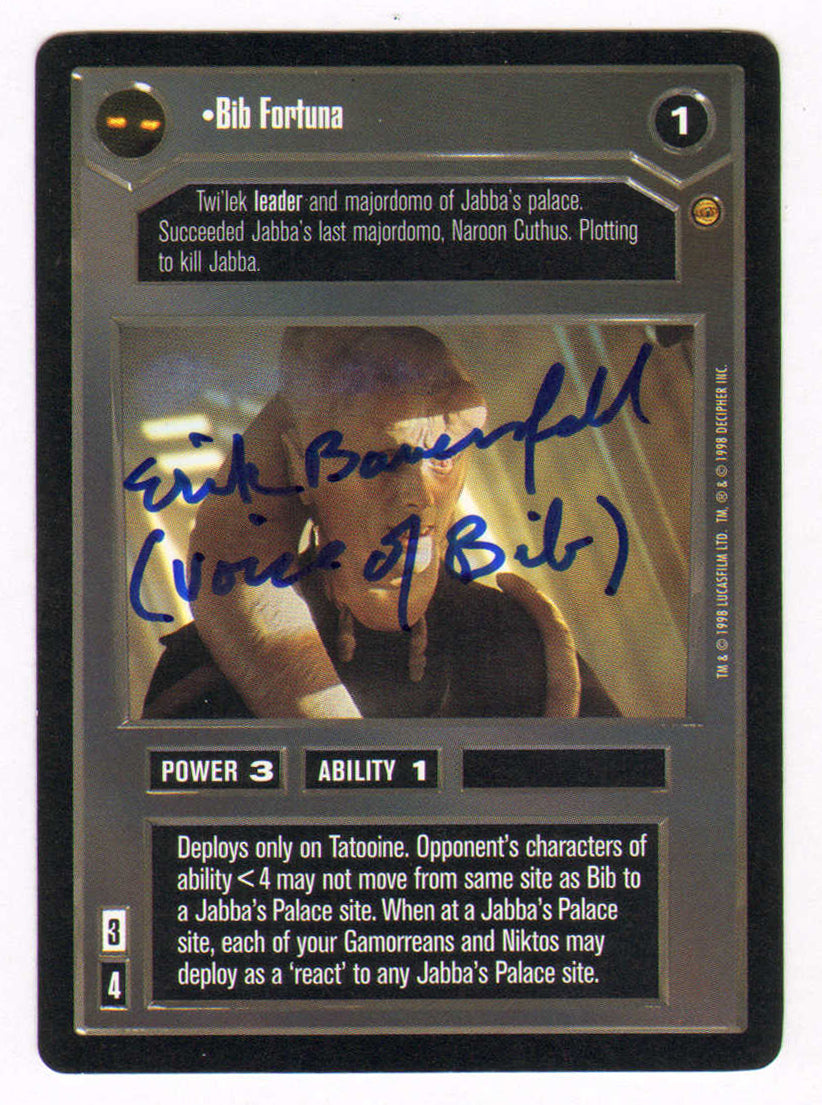 
                  
                    Erik Bauersfeld as the Voice of Bib Fortuna in Star Wars: Return of the Jedi Signed Star Wars Customizable Card Game #1 Trading Card with Character Name
                  
                