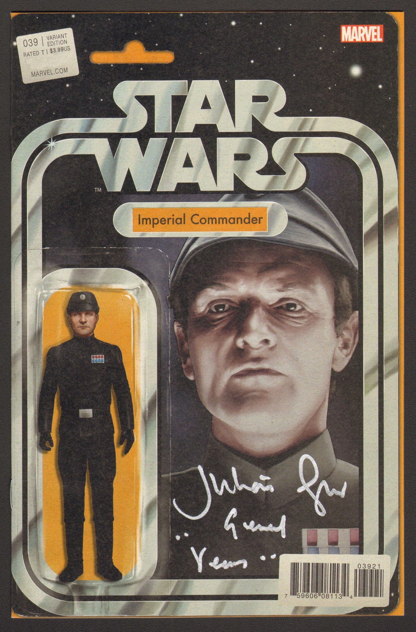 
                  
                    Star Wars #39 Action Figure Variant Comic Book - Signed by Actor Julian Glover as General Veer from Star Wars: The Empire Strikes Back with Character Name
                  
                