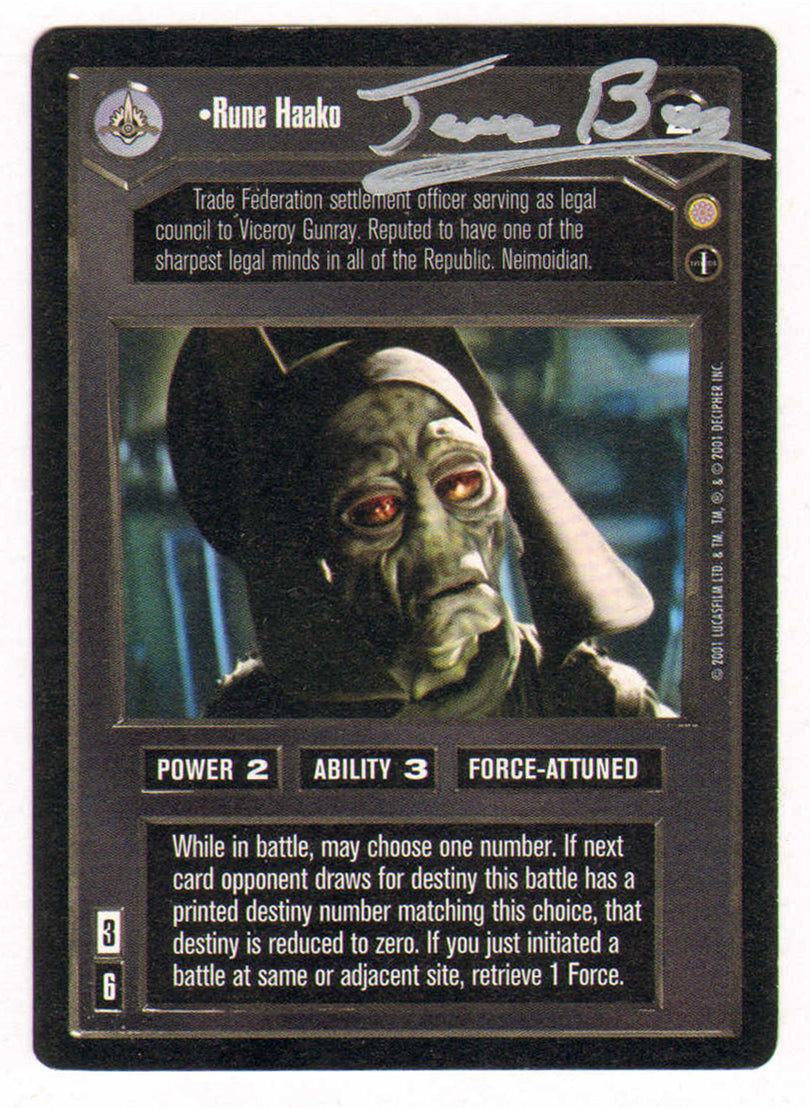 
                  
                    Jerome Blake as Rune Haako in Star Wars Episode I: The Phantom Menace Signed Star Wars Customizable Card Game #2 Trading Card
                  
                