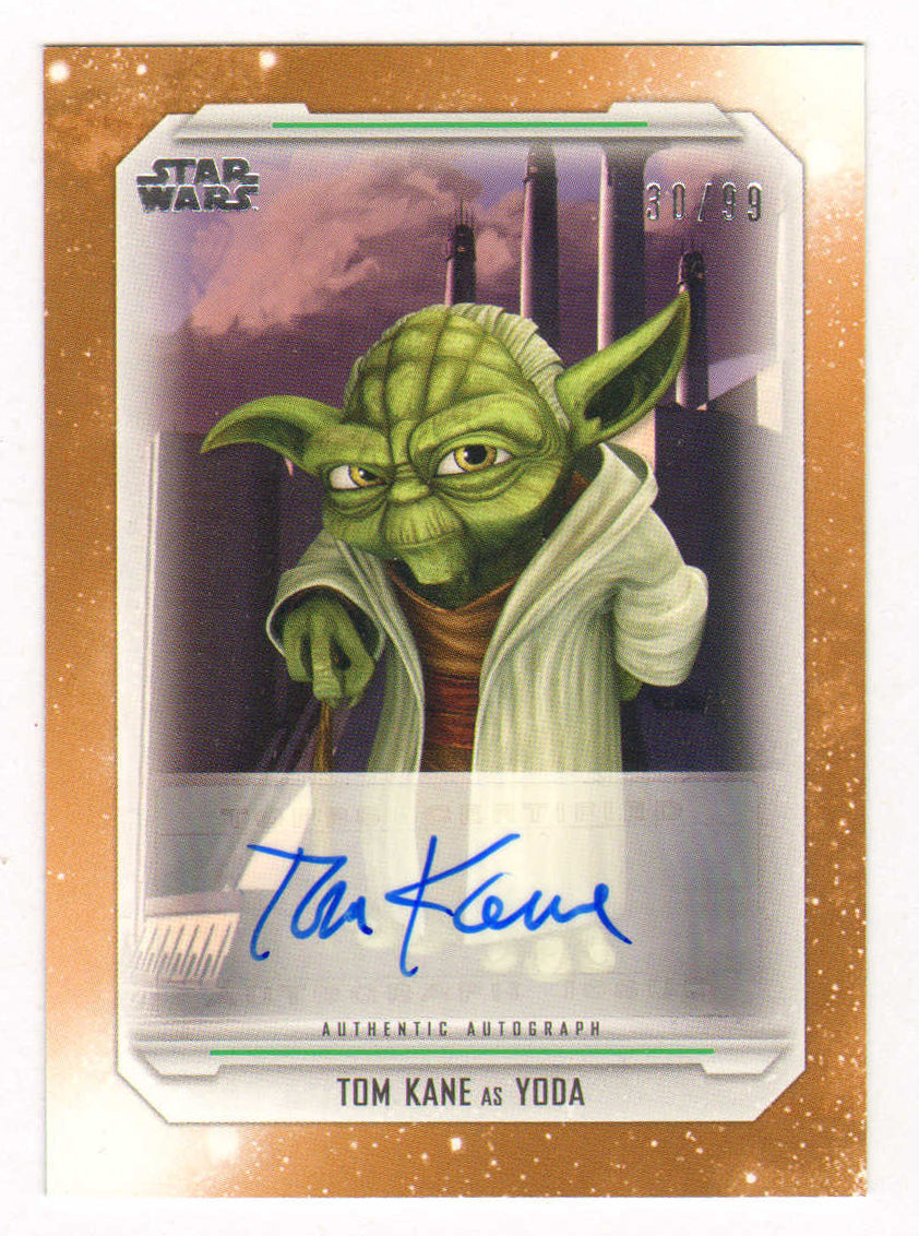
                  
                    Tom Kane as Yoda in Star Wars: The Clone Wars Signed Topps Autograph Trading Card #A-TKY Limited Edition 30/99
                  
                