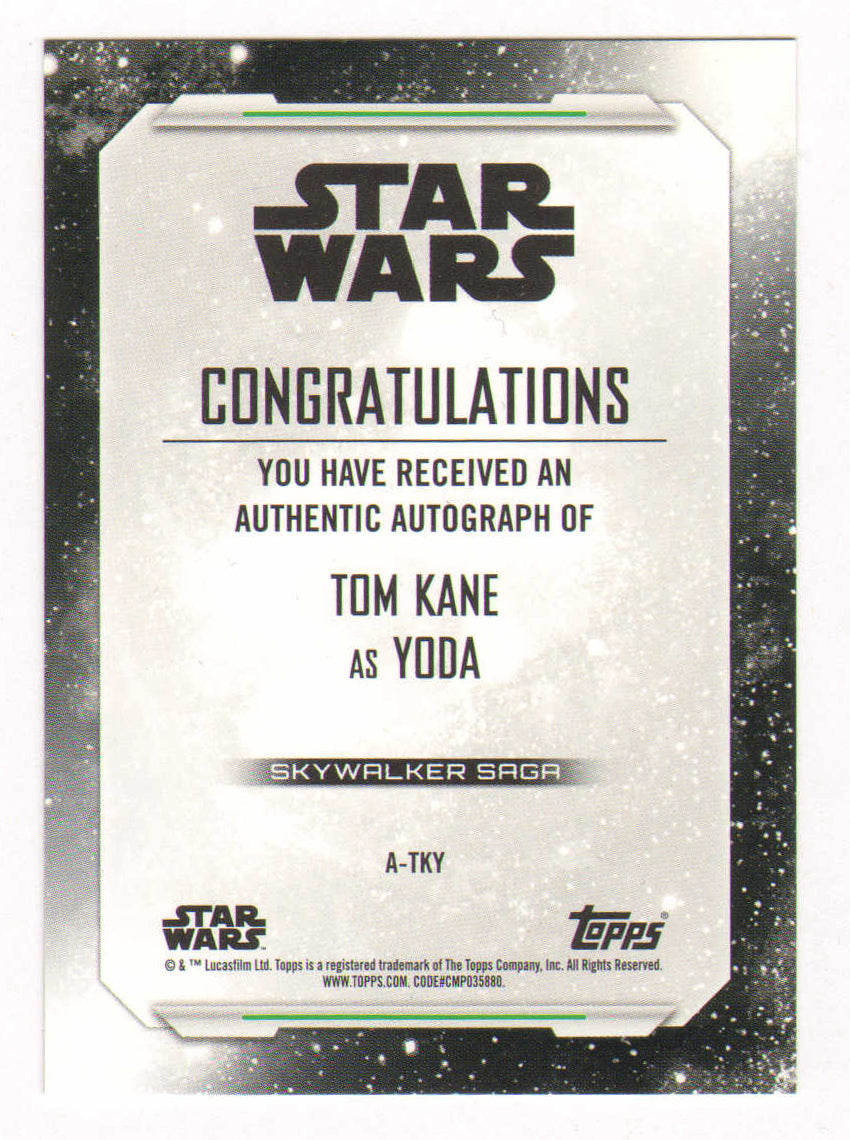 
                  
                    Tom Kane as Yoda in Star Wars: The Clone Wars Signed Topps Autograph Trading Card #A-TKY Limited Edition 30/99
                  
                