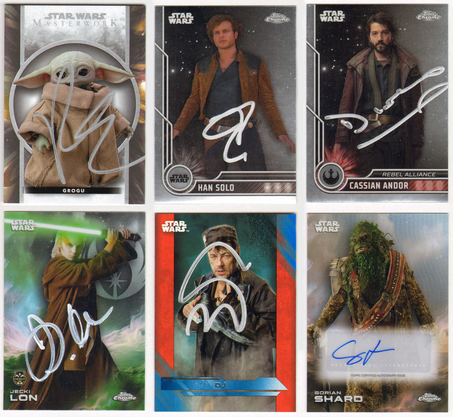 
                  
                    Star Wars Topps Trading Cards 6pc LOT Signed by Robert Rodriguez, Alden Ehrenreich, Diego Luna, Dafne Keen, Benicio del Toro, & Carey Jones
                  
                