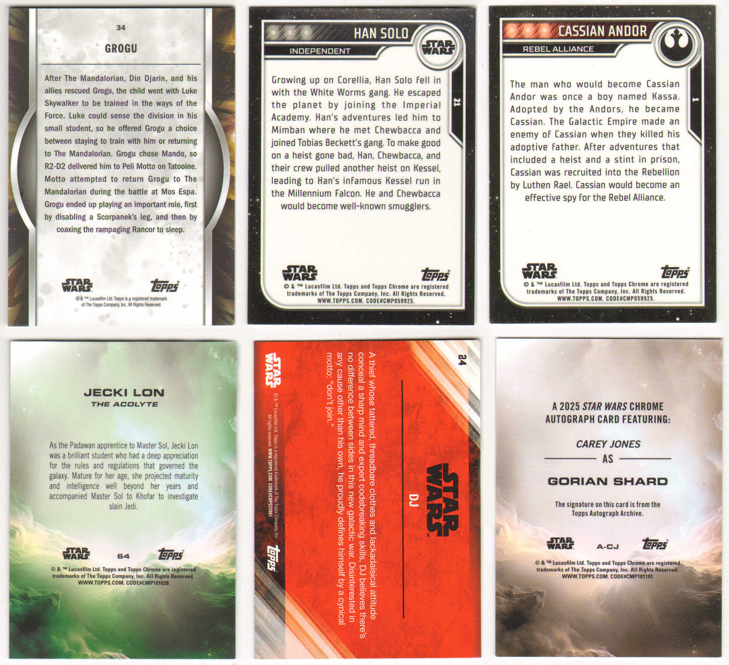 
                  
                    Star Wars Topps Trading Cards 6pc LOT Signed by Robert Rodriguez, Alden Ehrenreich, Diego Luna, Dafne Keen, Benicio del Toro, & Carey Jones
                  
                