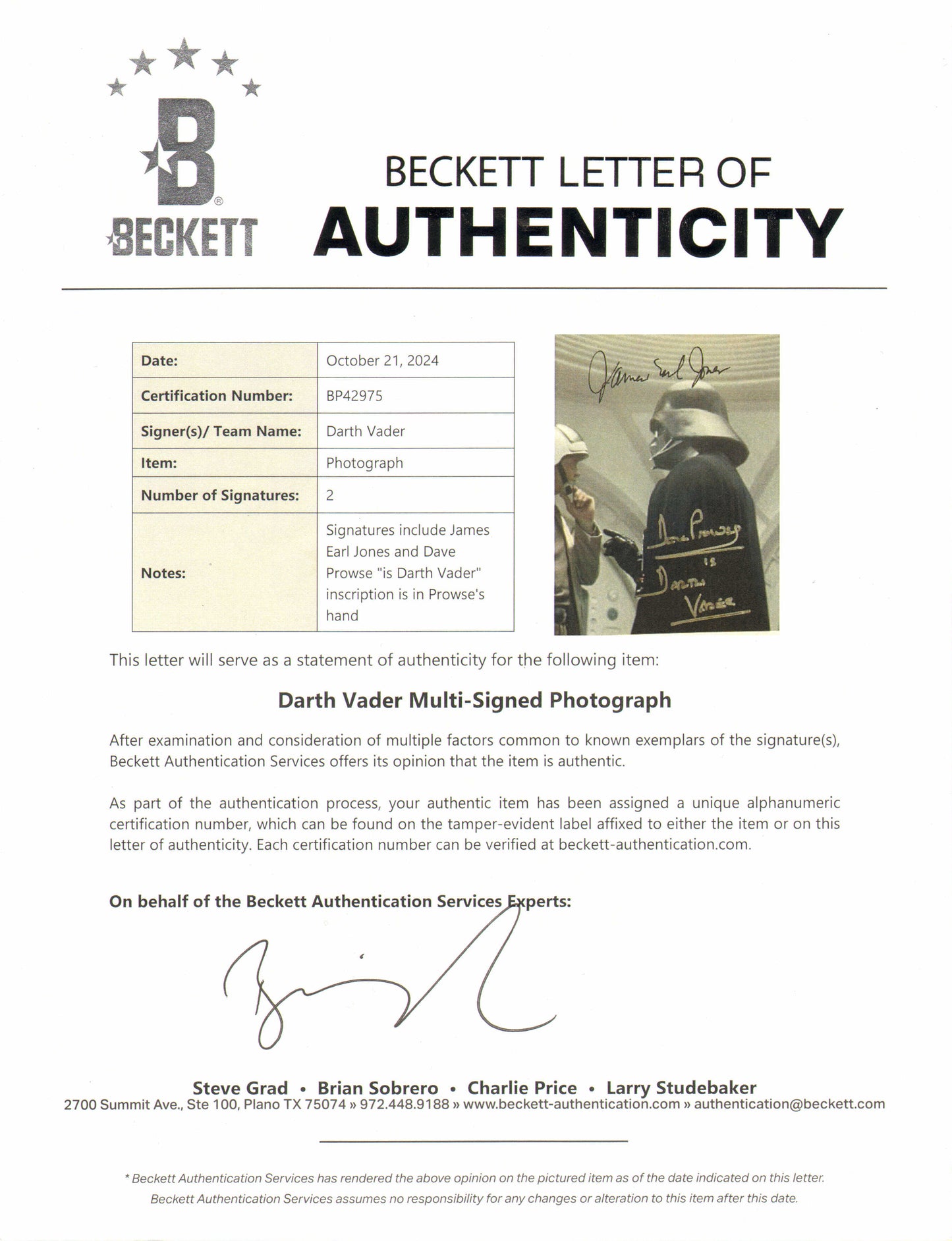 
                  
                    James Earl Jones & Dave Prowse as Darth Vader in Star Wars: A New Hope (Beckett) Signed 8x10 Photo with Character Name
                  
                