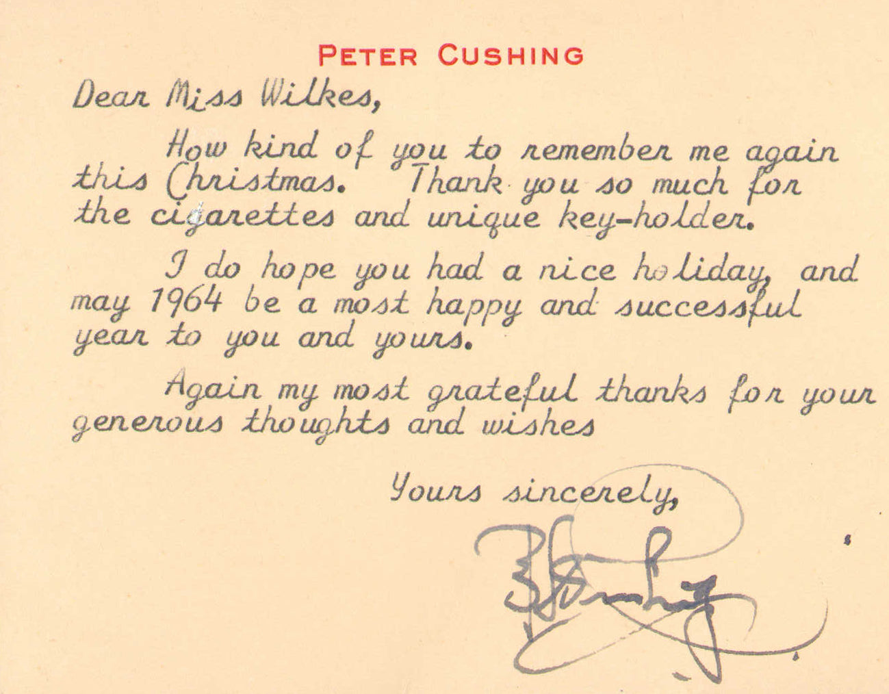 
                  
                    Peter Cushing Grand Moff Tarkin in Star Wars: A New Hope Signed 4.5x3.5 Index Card Letter with Envelope
                  
                