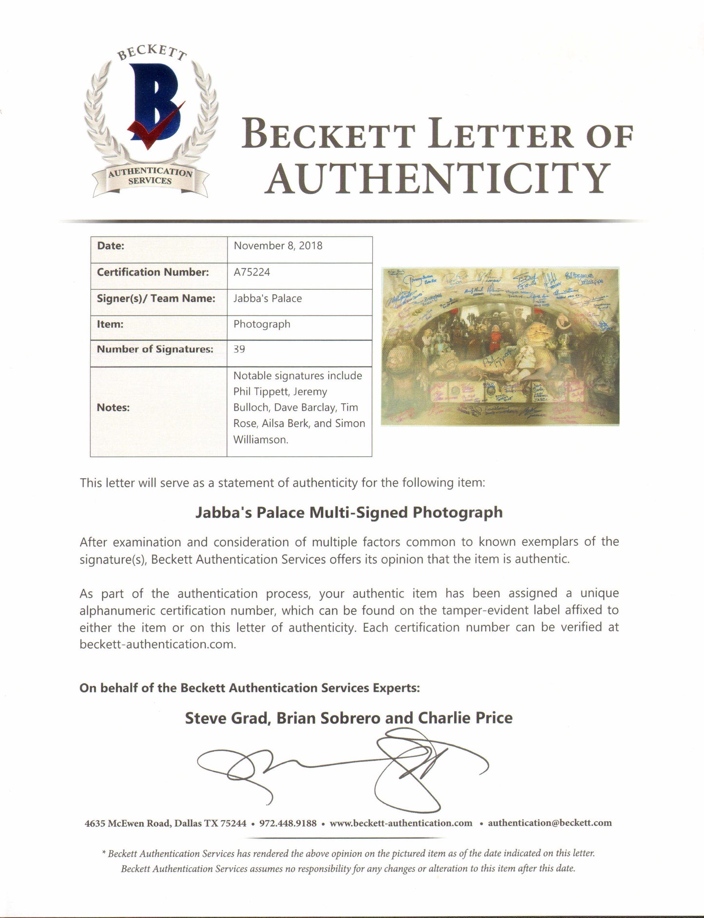 
                  
                    Jabba's Palace Signing Project from Star Wars: Return of the Jedi #35 / 71 Limited Edition 16x24 Poster (Beckett) Signed by 39 Actors & Behind the Scenes Creators - Rare
                  
                