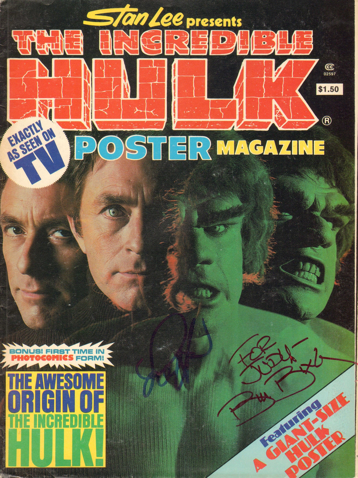 
                  
                    Bill Bixby as Dr. David Bruce Banner & Lou Ferrigno as The Hulk in The Incredible Hulk Signed Poster Magazine
                  
                