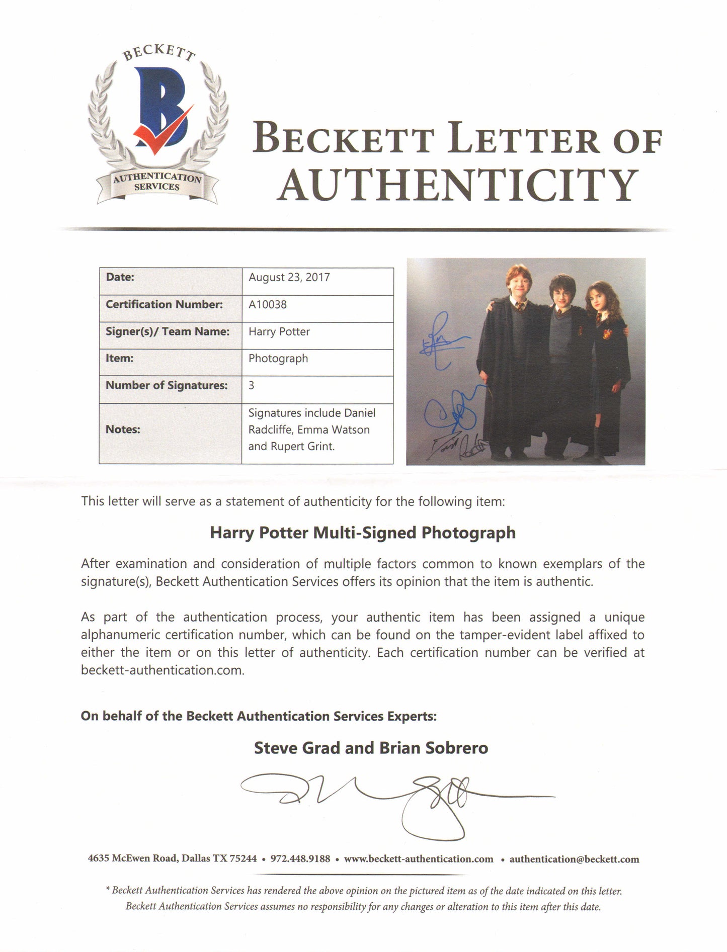 
                  
                    Daniel Radcliffe as Harry Potter, Emma Watson as Hermoine Granger, & Rupert Grint as Ron Weasley in Harry Potter & the Chamber of Secrets (Beckett) Signed 11x14 Photo
                  
                