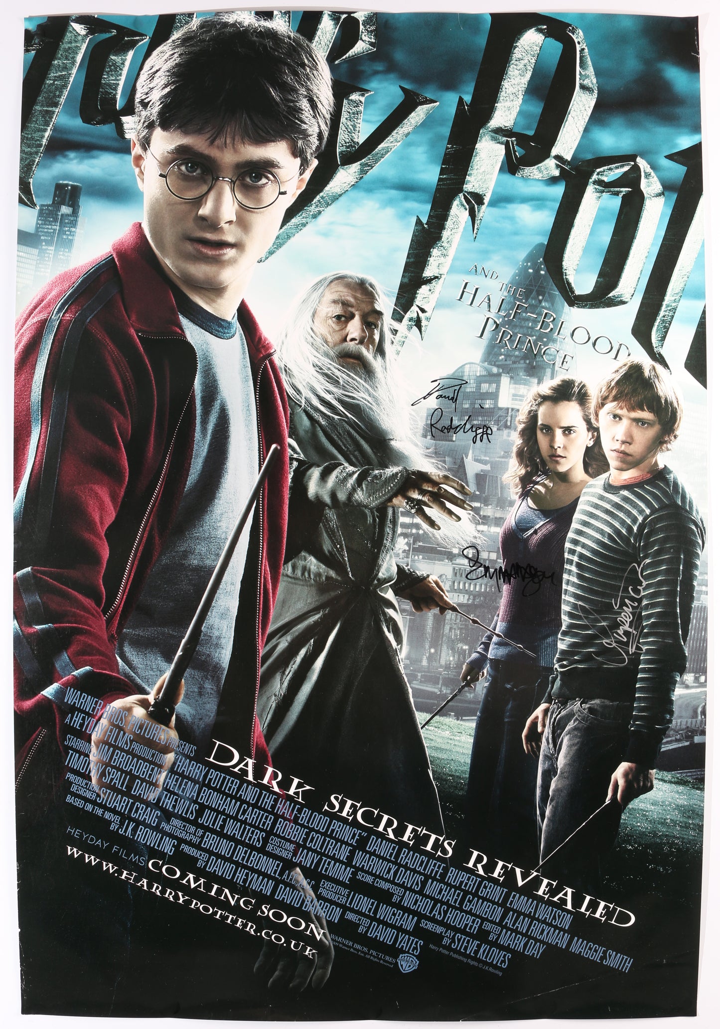
                  
                    Daniel Radcliffe as Harry Potter, Emma Watson as Hermione Granger, & Rupert Grint as Ron Weasley in Harry Potter & the Half-Blood Prince Signed 27x40 Poster
                  
                