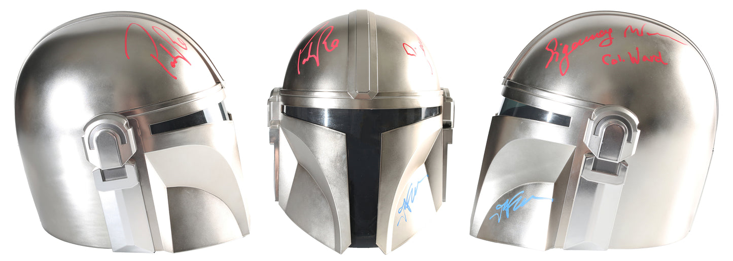 
                  
                    Pedro Pascal as Din Djarin / The Mandalorian, Sigourney Weaver as Ward, & Jon Favreau Director of Star Wars: The Mandalorian and Grogu Signed Hasbro Black Series Prop Replica Helmet with Character Name
                  
                