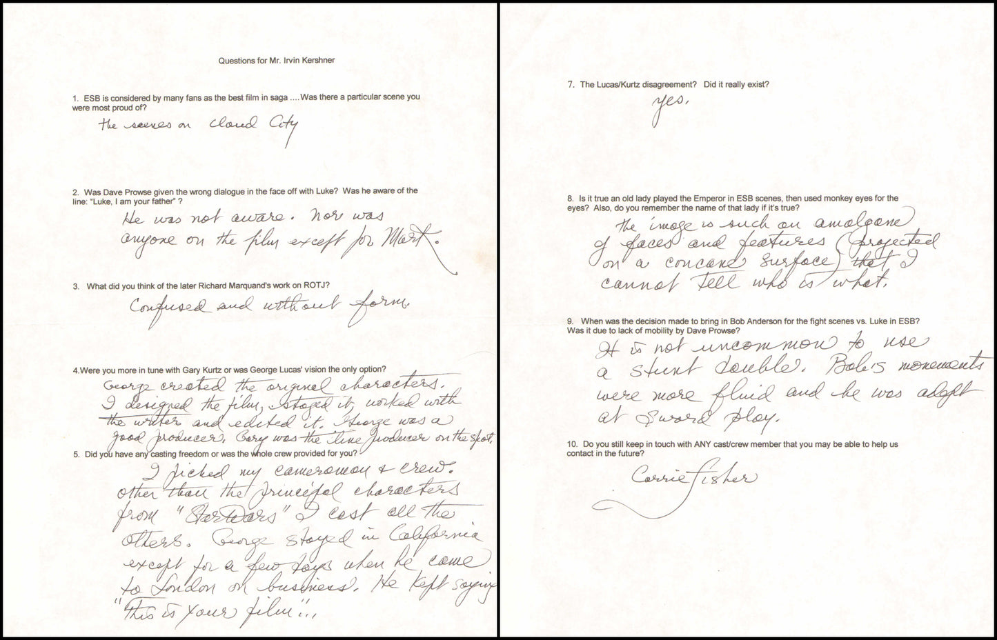 
                  
                    Irvin Kershner Director of Star Wars: The Empire Strikes Back Handwritten Q&A Pages
                  
                