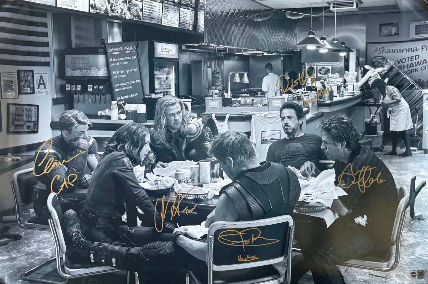 
                  
                    Avengers 20x30 Shawarma Post-Credits Scene Photo Cast Signed by Robert Downey Jr., Chris Evans, Chris Hemsworth, Mark Ruffalo, & Jeremy Renner with Character Names
                  
                