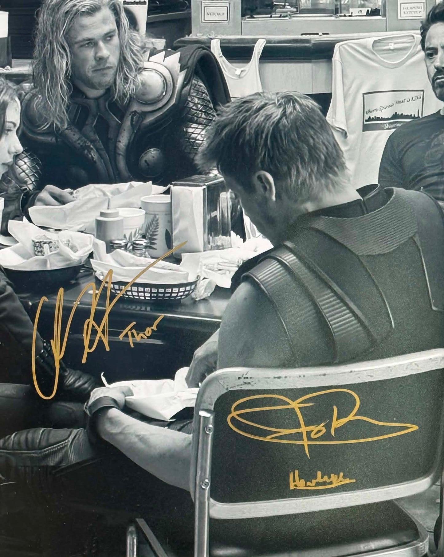
                  
                    Avengers 20x30 Shawarma Post-Credits Scene Photo Cast Signed by Robert Downey Jr., Chris Evans, Chris Hemsworth, Mark Ruffalo, & Jeremy Renner with Character Names
                  
                