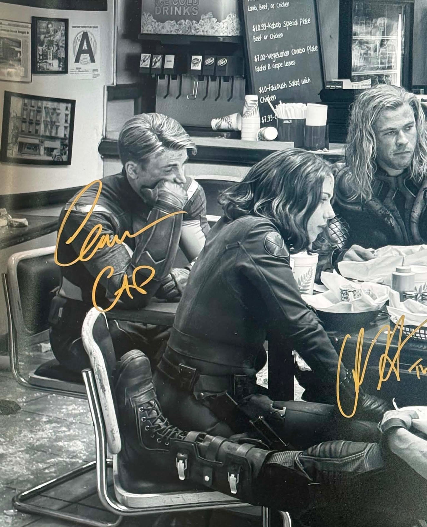 
                  
                    Avengers 20x30 Shawarma Post-Credits Scene Photo Cast Signed by Robert Downey Jr., Chris Evans, Chris Hemsworth, Mark Ruffalo, & Jeremy Renner with Character Names
                  
                