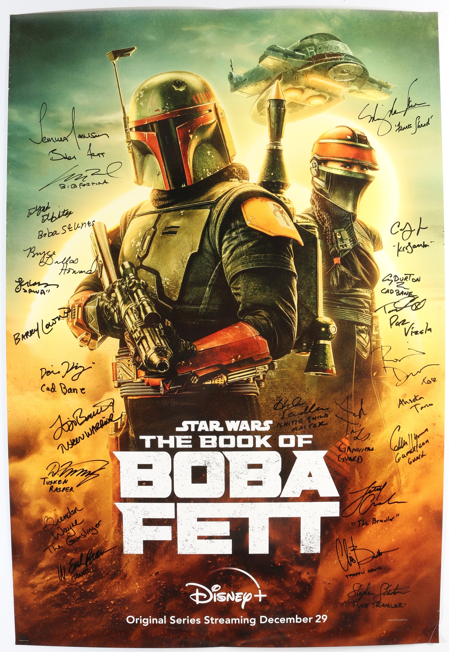 
                  
                    The Book of Boba Fett 27x40 Poster Cast Signed by Temuera Morrison, Matthew Wood, Bryce Dallas Howard, Brendan Wayne, Ming Na Wen, Carey Jones, Corey Burton, Tait Fletcher, Rosario Dawson, Lateef Crowder, & More
                  
                