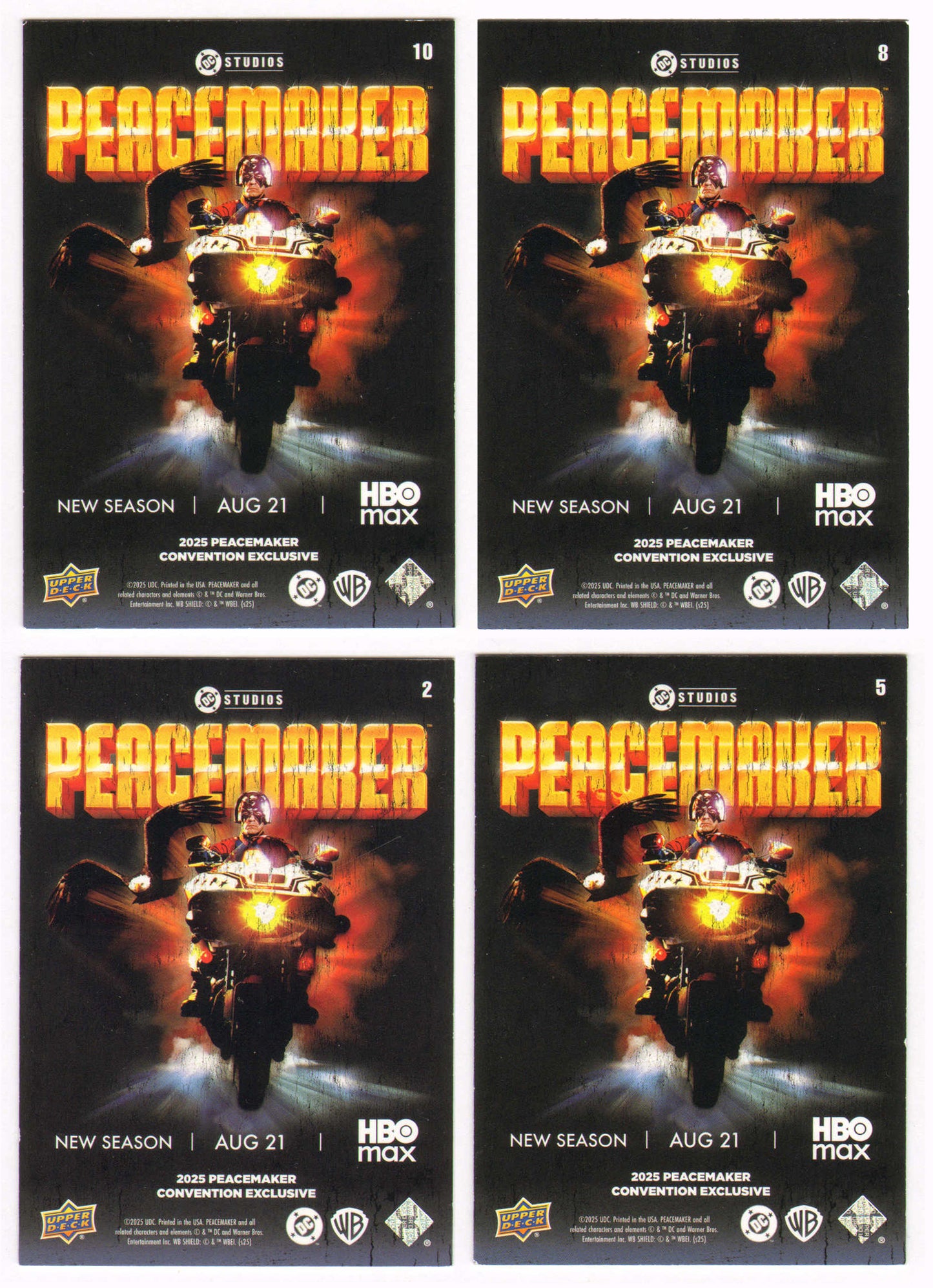
                  
                    Peacemaker Upper Deck Trading Cards 4pc LOT Signed by Freddie Stroma, Danielle Brooks, & Frank Grillo
                  
                