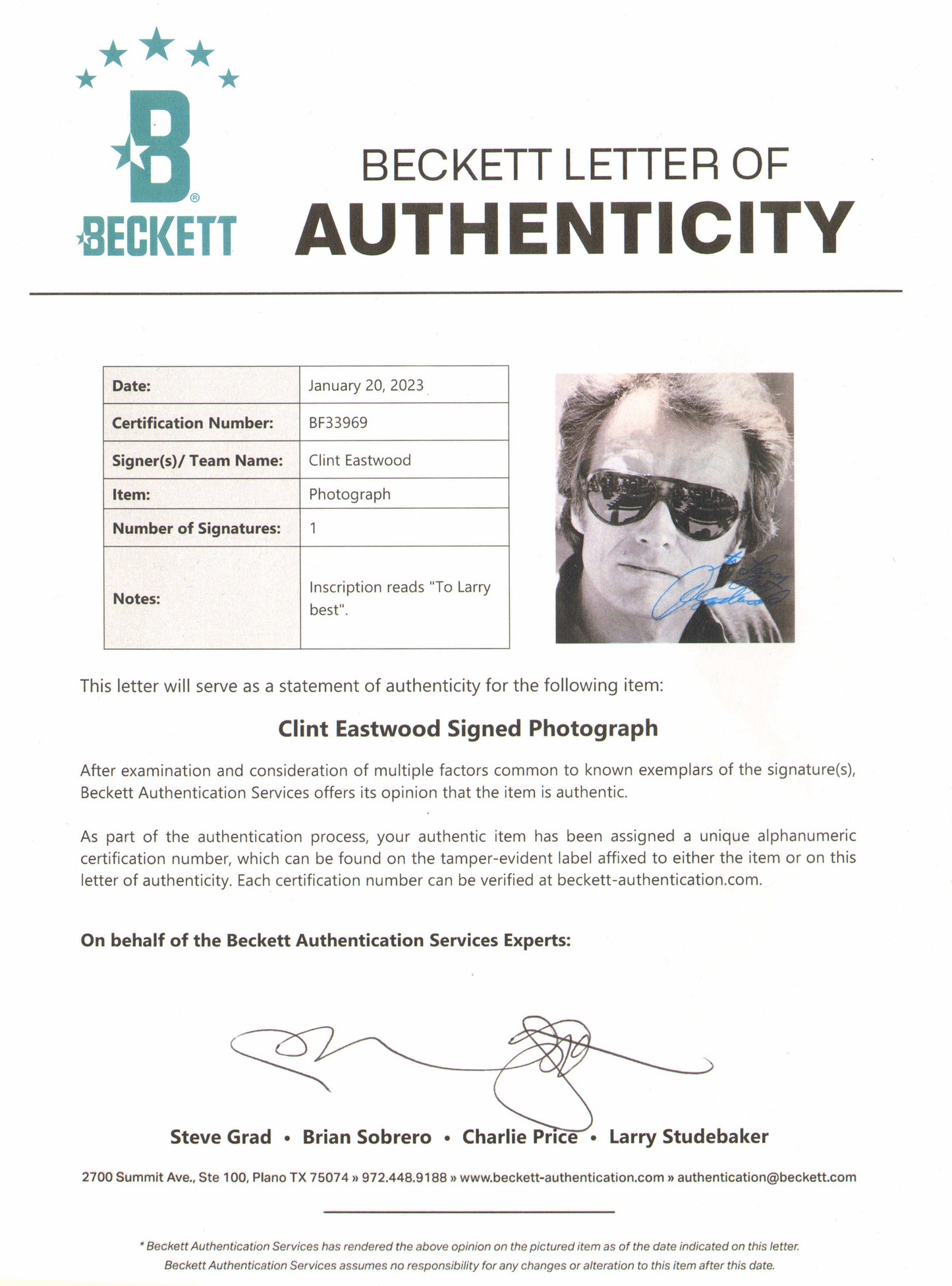 
                  
                    Clint Eastwood as Inspector Dirty Harry Callahan in The Enforcer (Beckett) Signed 8x10 Photo
                  
                