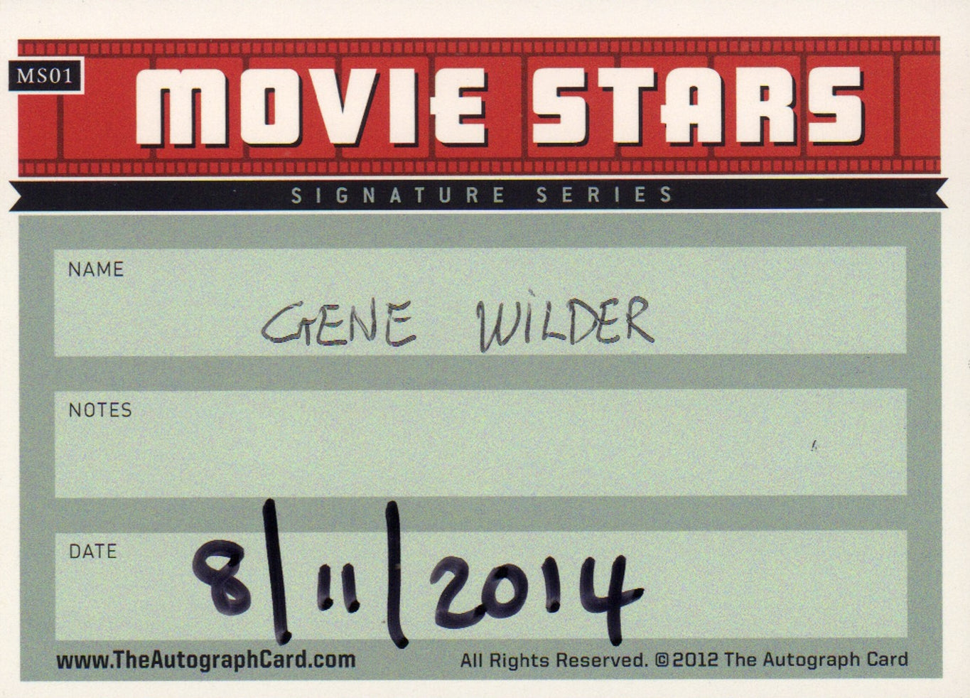 
                  
                    Gene Wilder from Willy Wonka & the Chocolate Factory, The Producers, Blazing Saddles, & Young Frankenstein Signed 3.5 x 2.5 Index Card
                  
                