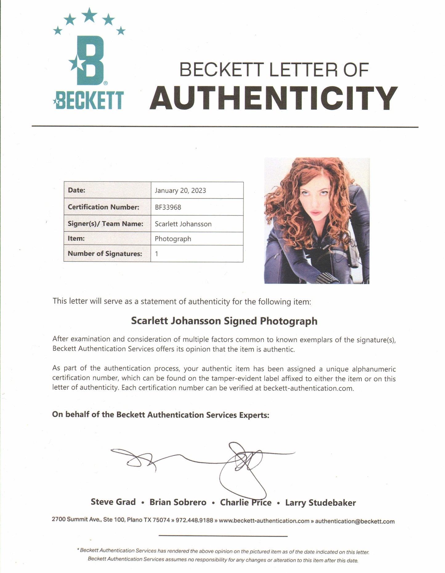 
                  
                    Scarlett Johansson as Black Widow in Iron Man 2 (Beckett) Signed 8x10 Photo
                  
                