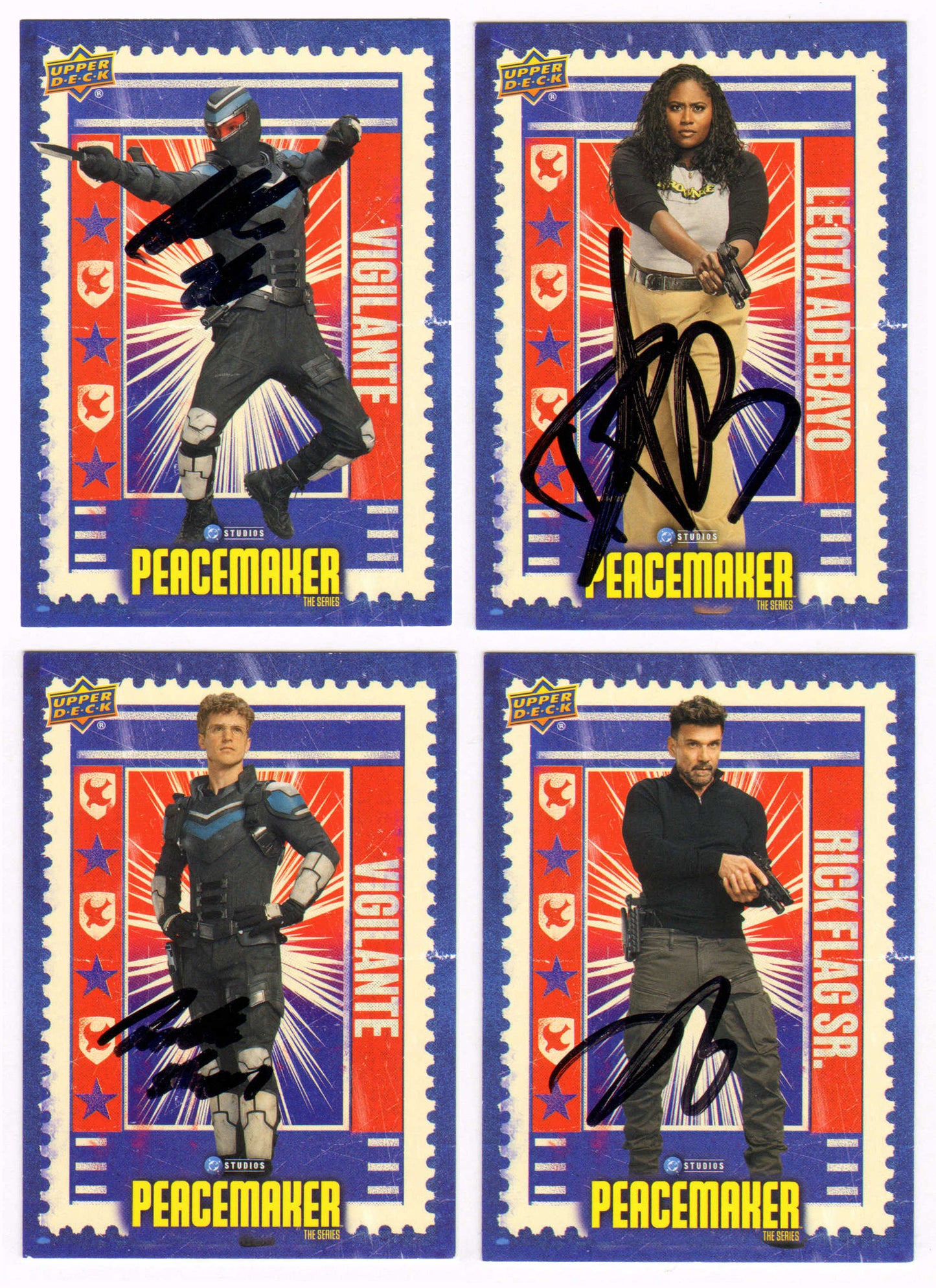 
                  
                    Peacemaker Upper Deck Trading Cards 4pc LOT Signed by Freddie Stroma, Danielle Brooks, & Frank Grillo
                  
                