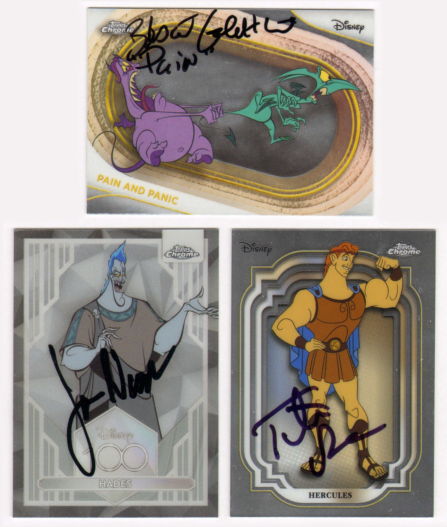 
                  
                    Hercules Topps Chrome Trading Cards 3pc LOT Signed by James Woods, Tate Donovan, & Bobcat Goldthwait with Character Name
                  
                