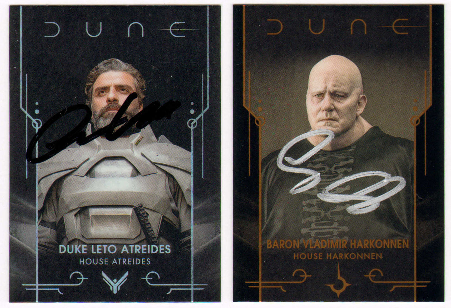 
                  
                    Stellan Skarsgård as Baron Harkonnen & Oscar Isaac as Duke Leo Atreides in Dune Signed Topps Chrome Trading Cards 2pc LOT
                  
                