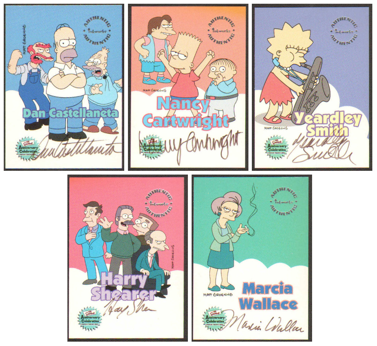 
                  
                    The Simpsons Inkworks Trading Cards 5pc LOT Signed by Dan Castellaneta, Nancy Cartwright, Yeardley Smith, Marcia Wallace, & Harry Shearer
                  
                