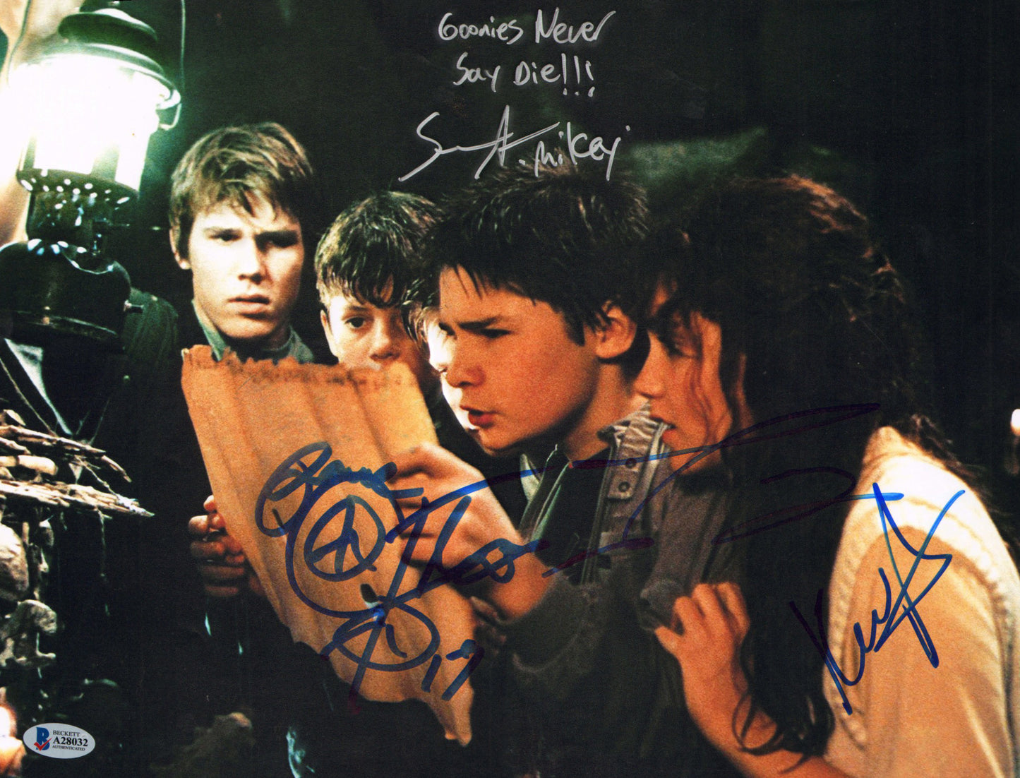 
                  
                    The Goonies 11x14 Photo (Beckett) Cast Signed By Sean Astin, Corey Feldman, Josh Brolin, & Kerri Green with Character Names & Quote
                  
                