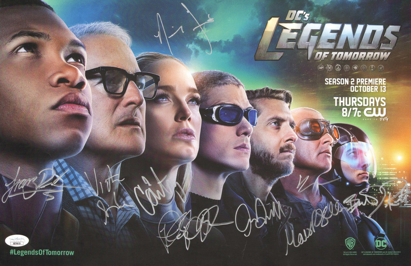 
                  
                    Legends of Tomorrow (JSA) 11x17 Mini Poster Cast Signed by Brandon Routh, Caity Lotz, Victor Garber, Arthur Darvill, Nick Zano, Maisie Richardson Sellers, Phil Klemmer, Dominic Purcell, & Franz Drameh
                  
                