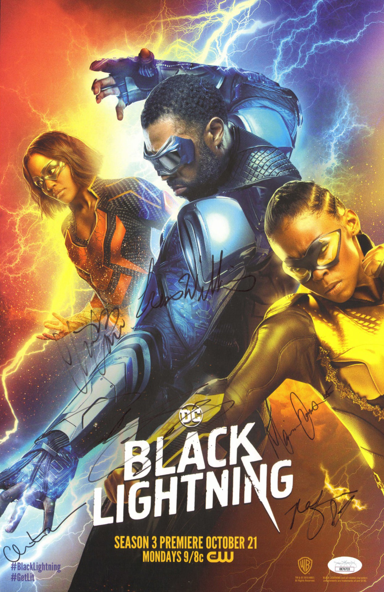 
                  
                    Black Lightning (JSA) 11x17 Mini Poster Cast Signed by Cress Williams, Marvin Jones III, Christine Adams, China Anne McClain, Nafessa Williams, & Jordan Calloway
                  
                