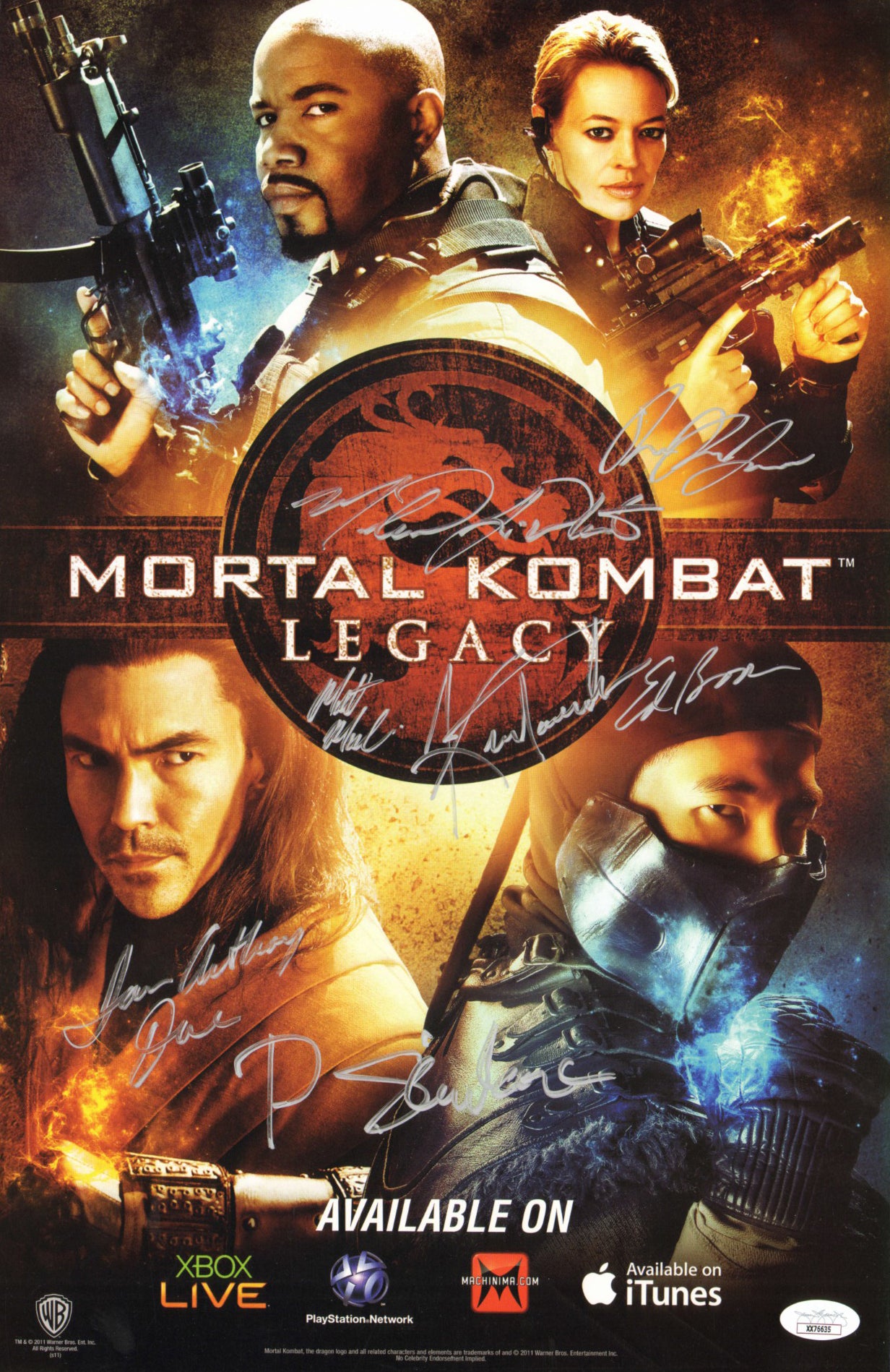 
                  
                    Mortal Kombat: Legacy (JSA) 11x17 Mini Poster Cast Signed by Michael Jai White, Kevin Tancharden, Ed Boon, Peter Shinkoda, Matt Williams, Ian Anthony Dale, & Shane Warren Jones
                  
                