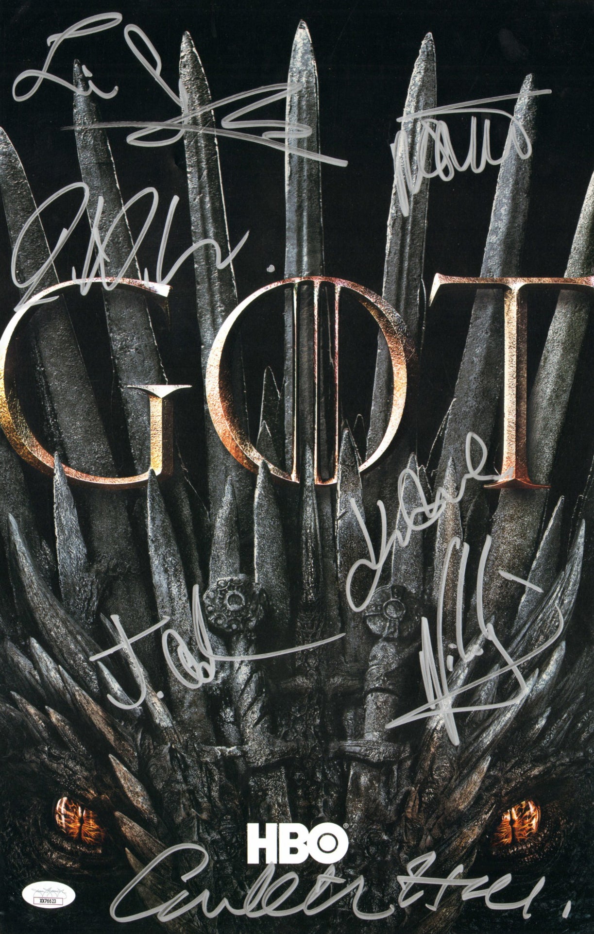
                  
                    Game of Thrones (JSA) 11x17 Mini Poster Cast Signed by Liam Cunningham, Isaac Hempstead Wright, John Bradley, Conleth Hill, Maisie Williams, Jacob Anderson, & Nikolaj Coster-Waldau
                  
                