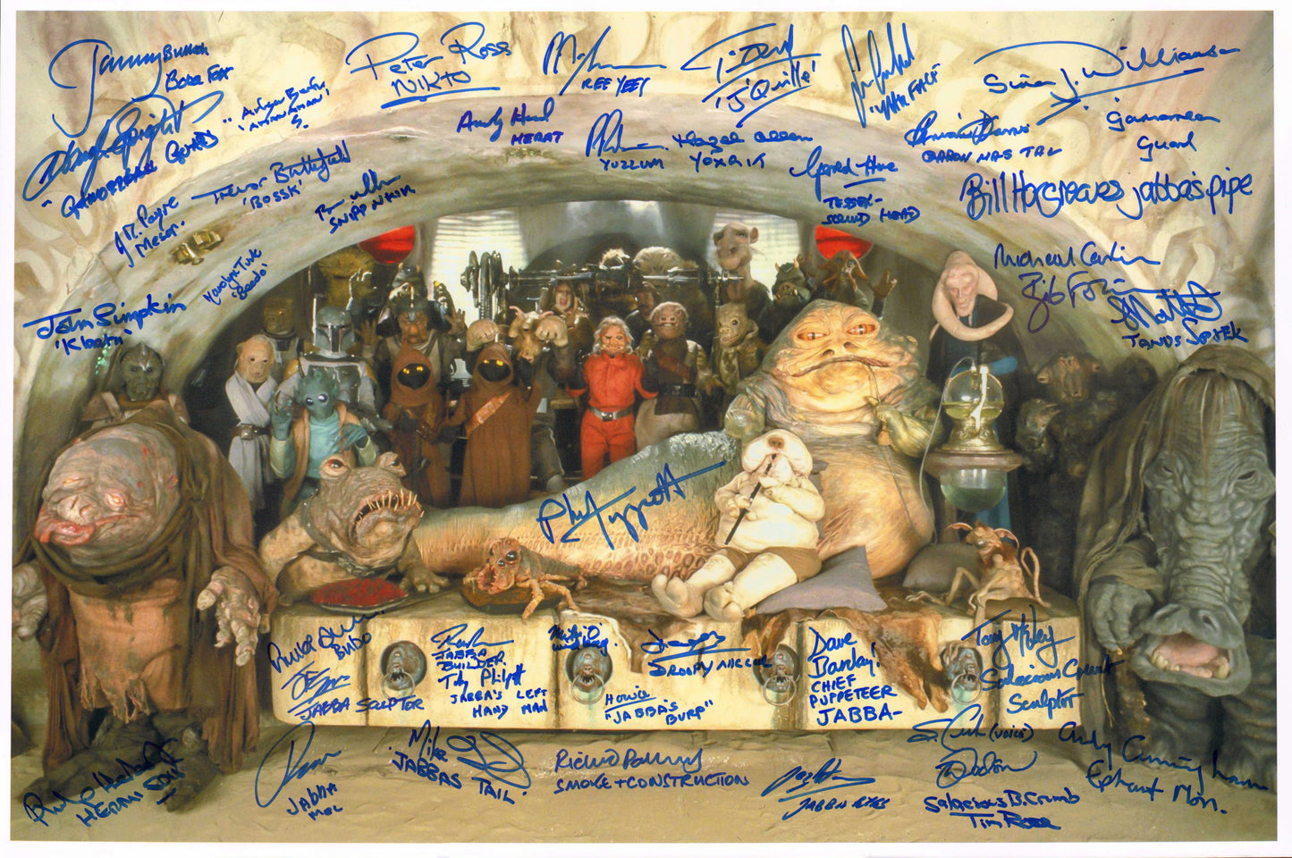 
                  
                    Jabba's Palace Signing Project from Star Wars: Return of the Jedi #08 / 71 Limited Edition 16x24 Poster Signed by 39 Actors & Behind the Scenes Creators - Rare
                  
                