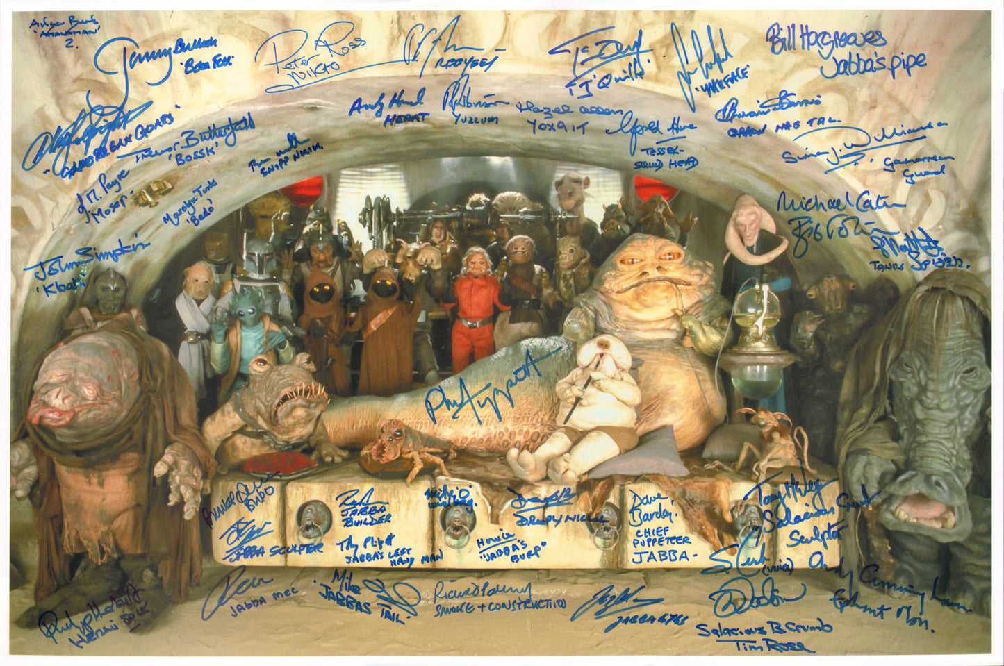 
                  
                    Jabba's Palace Signing Project from Star Wars: Return of the Jedi #35 / 71 Limited Edition 16x24 Poster (Beckett) Signed by 39 Actors & Behind the Scenes Creators - Rare
                  
                