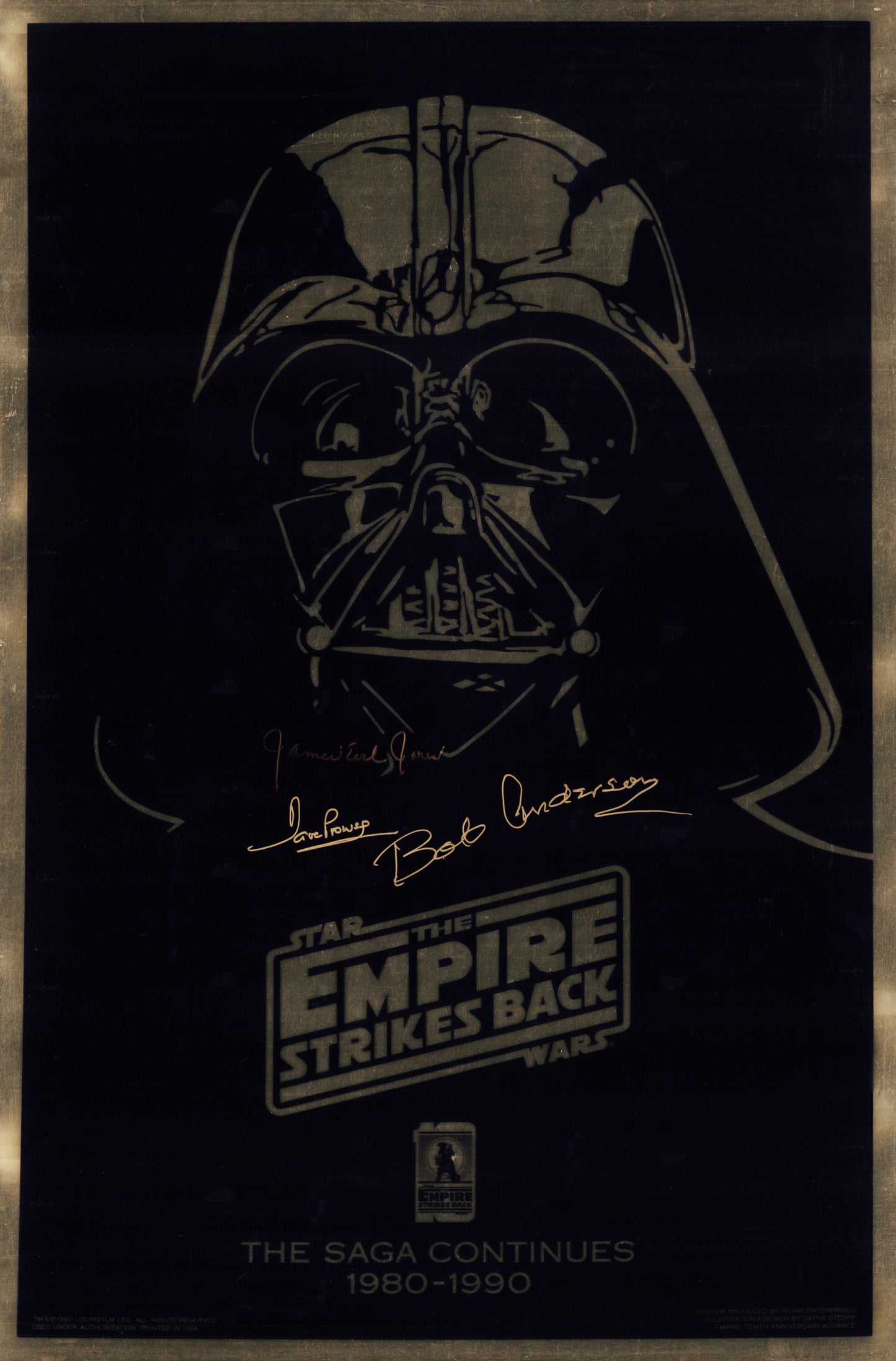 
                  
                    James Earl Jones, Dave Prowse, & Bob Anderson as Darth Vader in Star Wars: The Empire Strikes Back Signed 27x41 Gold Foil Poster
                  
                