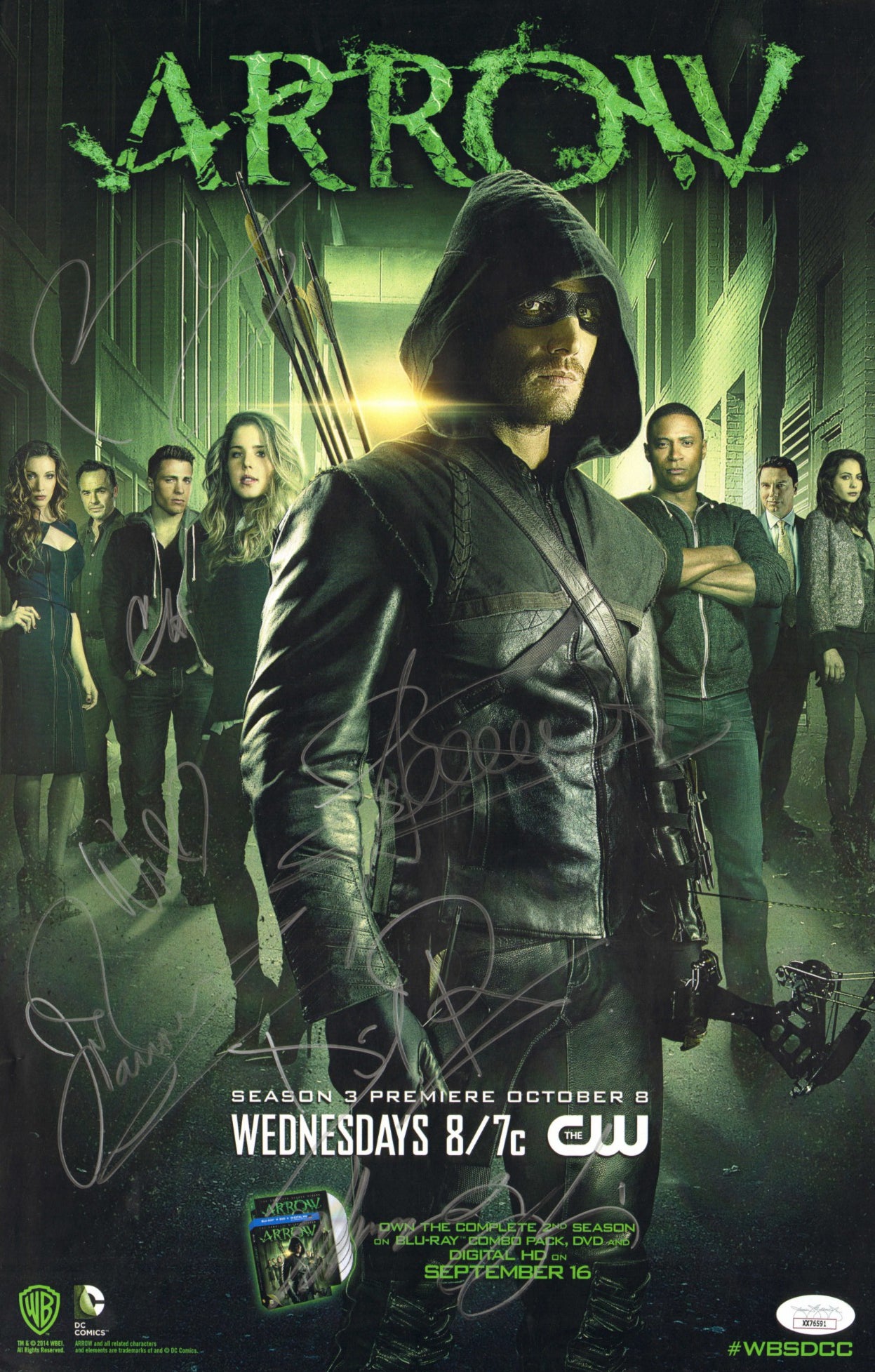 
                  
                    Arrow (JSA) 11x17 Mini Poster Cast Signed by Stephen Amell, Willa Holland, Colton Haynes, John Barrowman, Marc Guggenheim, David Ramsey, & Paul Blackthorn
                  
                