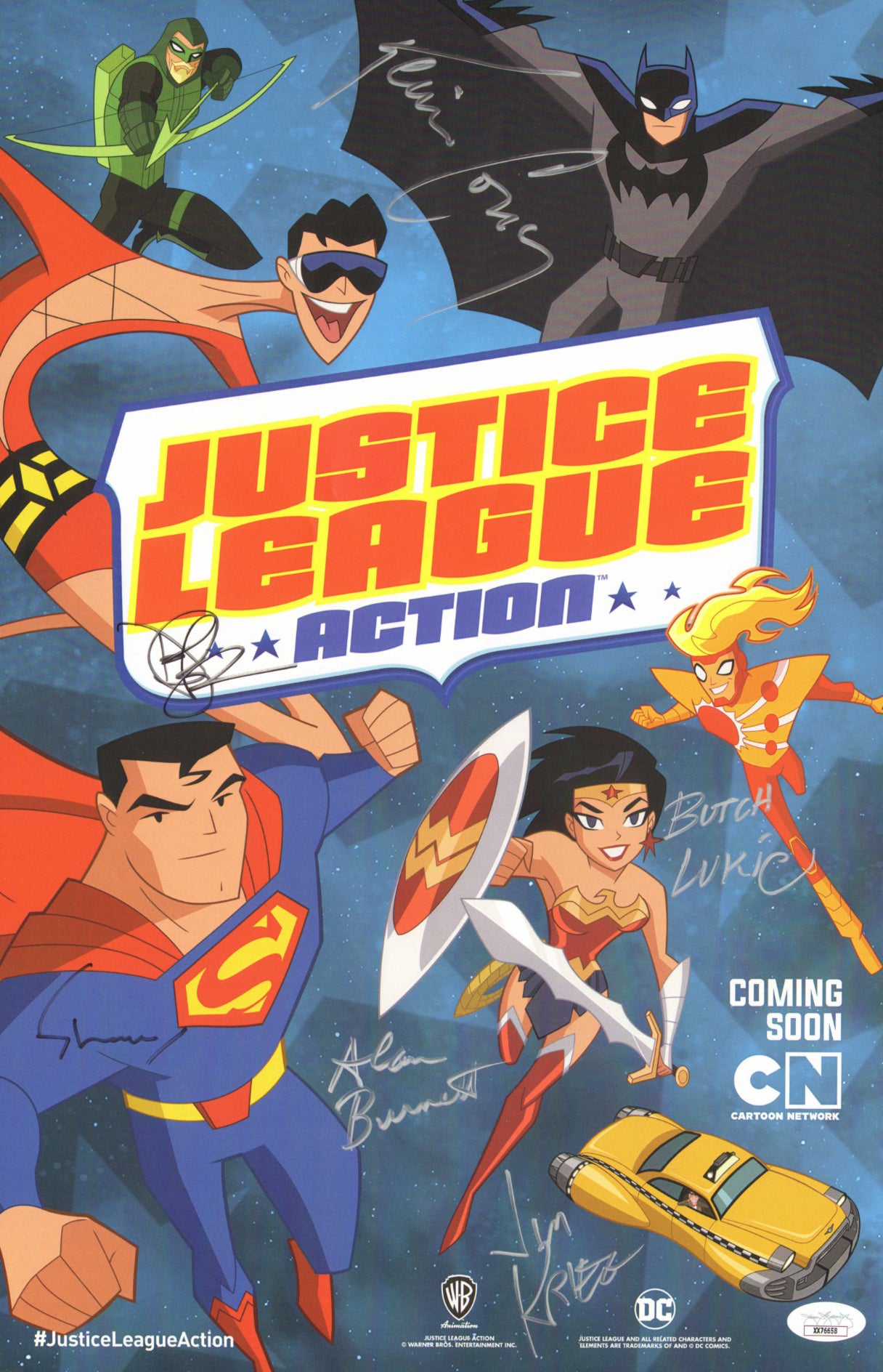 
                  
                    Justice League Action (JSA) 11x17 Mini Poster Cast Signed by Kevin Conroy, Deidrich Bader, Alan Burnett, Jim Krieg, & Butch King
                  
                