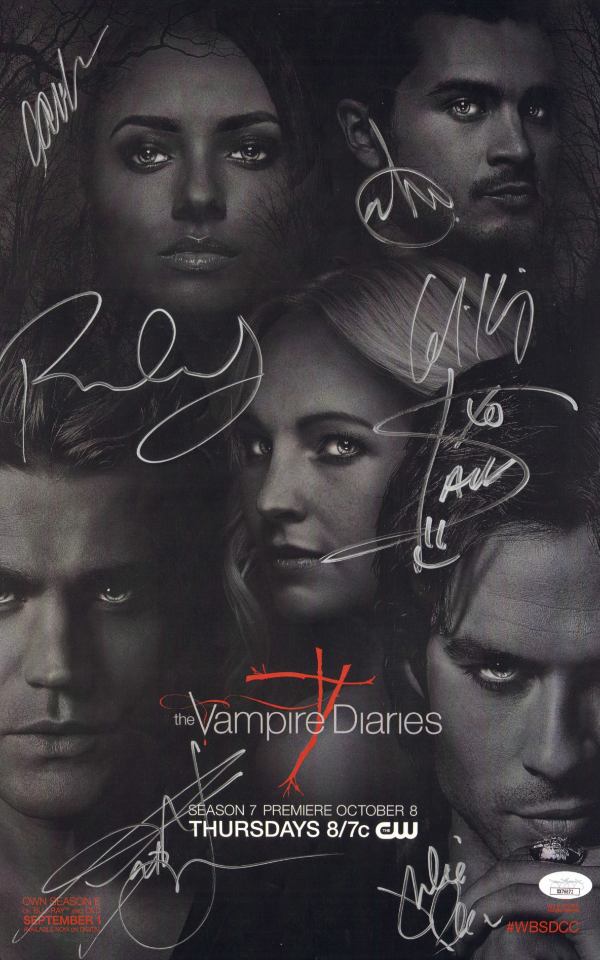 
                  
                    The Vampire Diaries (JSA) 11x17 Mini Poster Cast Signed by Ian Somerhalder, Paul Wesley, Candice King, Michael Malarkey, Kat Graham, Caroline Dries, & Julie Plec
                  
                