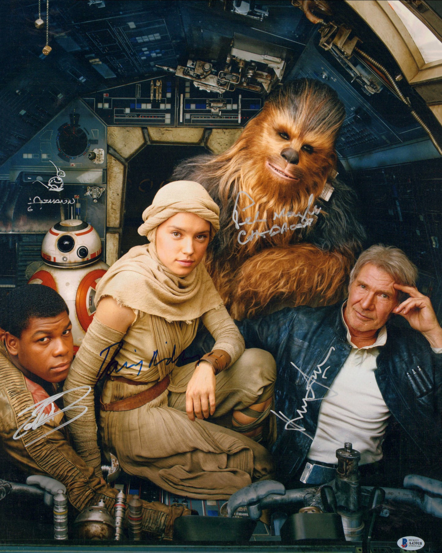 
                  
                    Star Wars: The Force Awakens (Offical Pix/Beckett) 16x20 Photo Cast Signed by Harrison Ford, Peter Mayhew, Daisy Ridley, John Boyega, & Christian Alzmann
                  
                