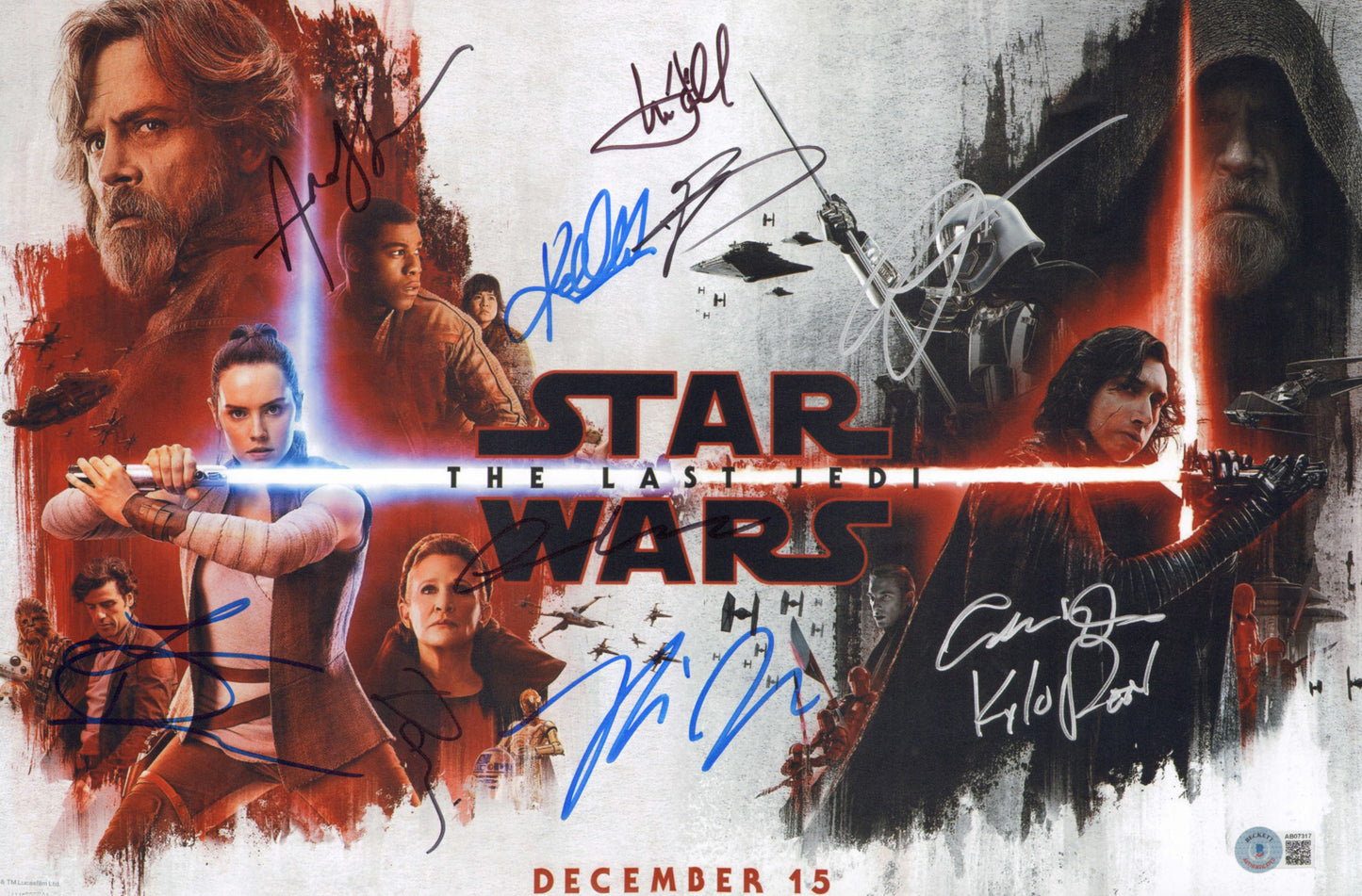 
                  
                    Star Wars: The Last Jedi (Beckett) 12x18 Photo Cast Signed by Mark Hamill, Daisy Ridley, Adam Driver, Andy Serkis, Oscar Isaac, Laura Dern, John Boyega, Gwendoline Christie, Kelly Marie Tran, & Rian Johnson with Character Name
                  
                