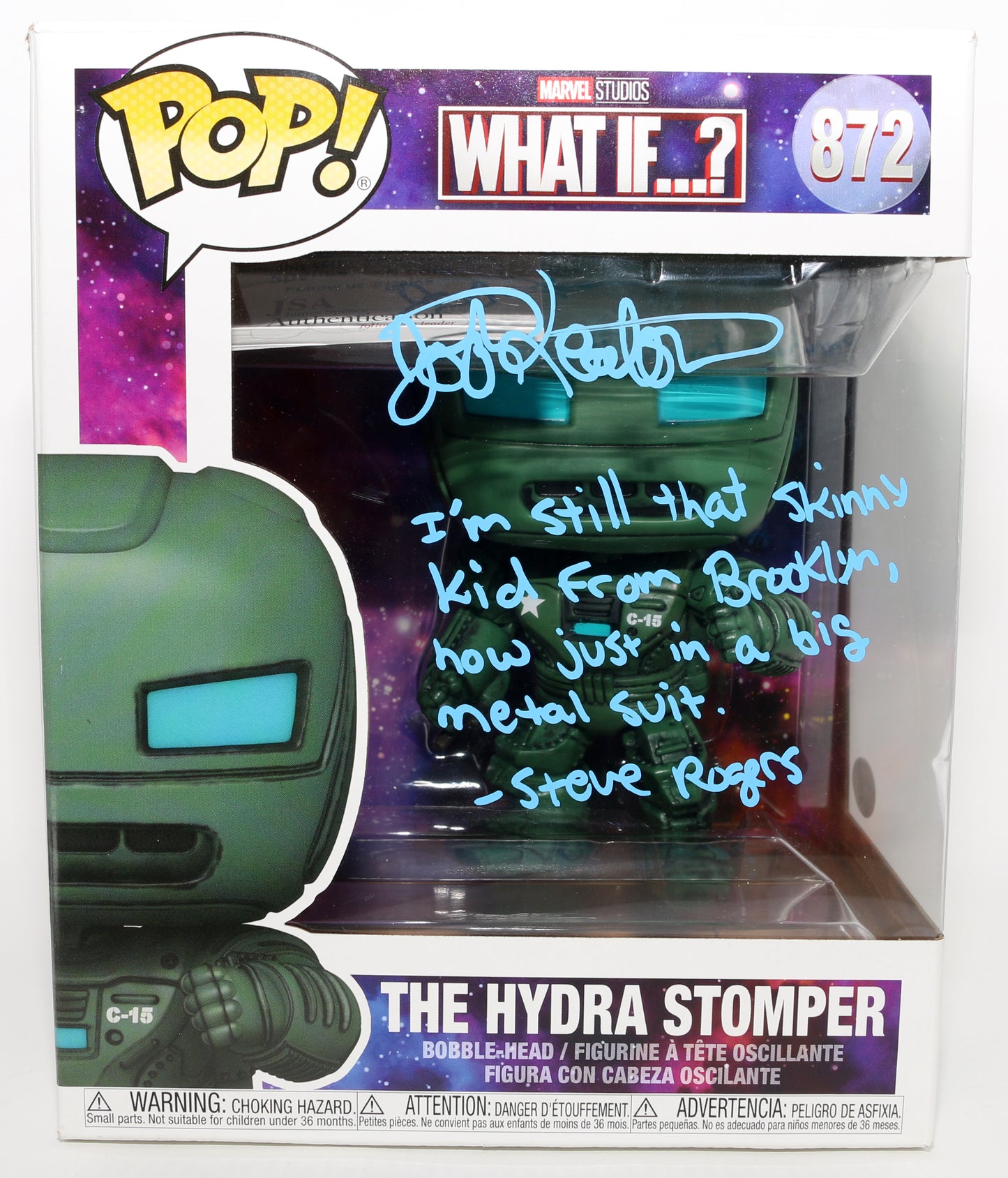
                  
                    Josh Keaton as Steve Rogers / Captain America in the Hydra Stomper Suit in What If...? (JSA) Signed Oversized Funko POP! #872 with Character Name & Quote
                  
                