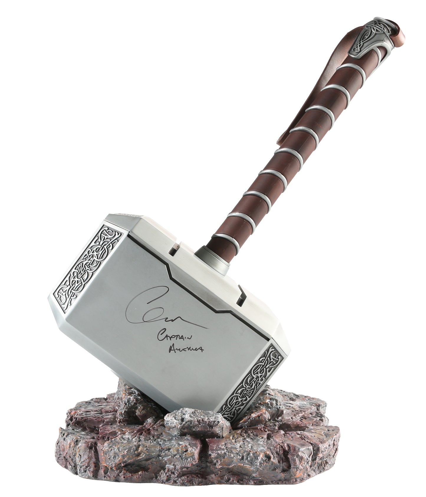 
                  
                    Thor Mjolnir Heavy Metal & Leather Prop Replica Hammer (JSA) Signed by Chris Evans with Character Name
                  
                